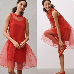 BHLDN Kendall Sleeveless High-Neck Organza Mini Dress Red